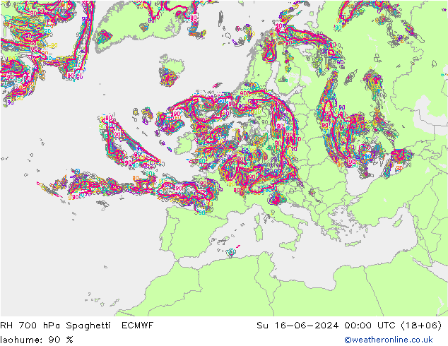 Humedad rel. 700hPa Spaghetti ECMWF dom 16.06.2024 00 UTC