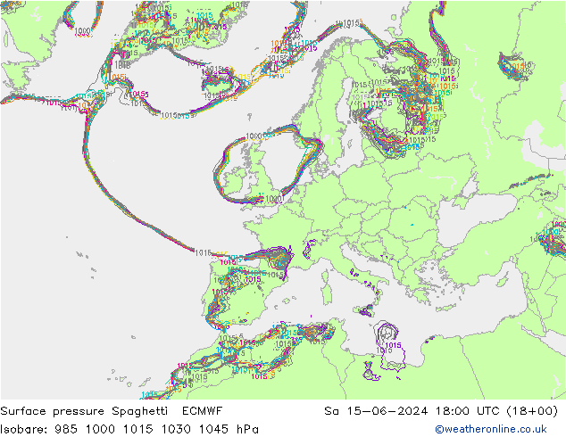 地面气压 Spaghetti ECMWF 星期六 15.06.2024 18 UTC