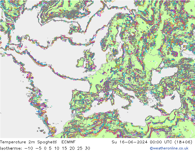 Temperatura 2m Spaghetti ECMWF dom 16.06.2024 00 UTC