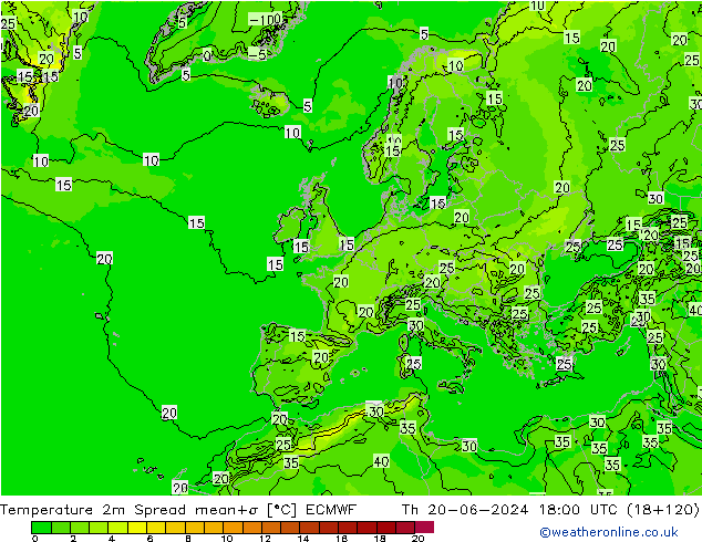 Temperatura 2m Spread ECMWF gio 20.06.2024 18 UTC