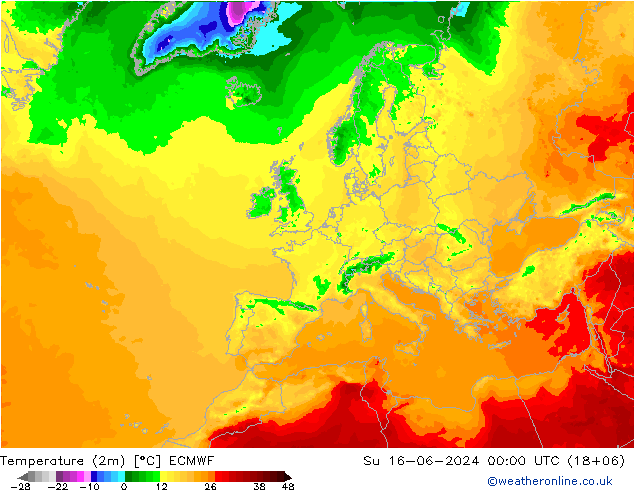 Temperaturkarte (2m) ECMWF So 16.06.2024 00 UTC