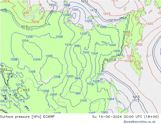 Atmosférický tlak ECMWF Ne 16.06.2024 00 UTC