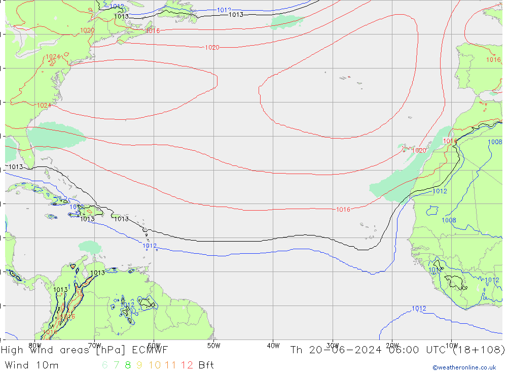 High wind areas ECMWF чт 20.06.2024 06 UTC