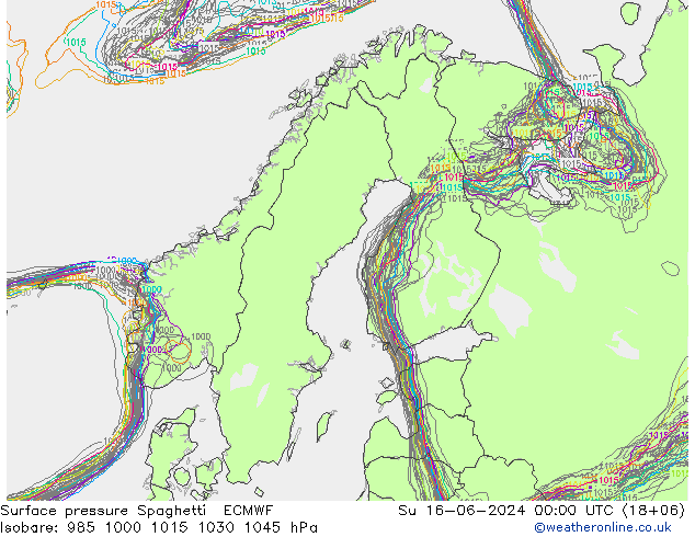 地面气压 Spaghetti ECMWF 星期日 16.06.2024 00 UTC