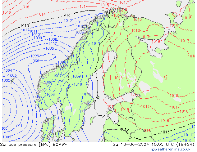 Atmosférický tlak ECMWF Ne 16.06.2024 18 UTC