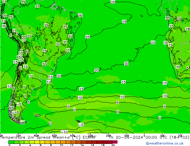 Temperature 2m Spread ECMWF Th 20.06.2024 00 UTC