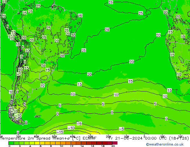 Temperatuurkaart Spread ECMWF vr 21.06.2024 00 UTC
