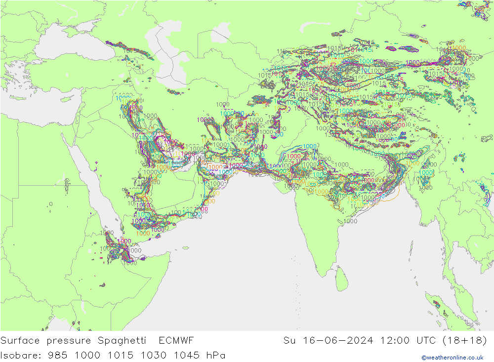 Pressione al suolo Spaghetti ECMWF dom 16.06.2024 12 UTC
