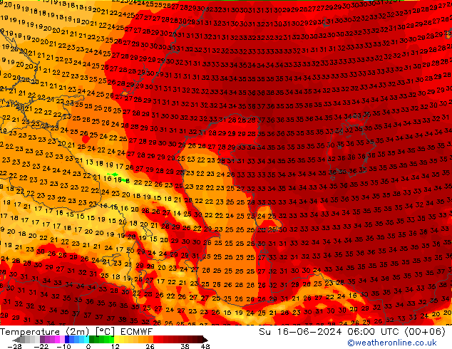 Sıcaklık Haritası (2m) ECMWF Paz 16.06.2024 06 UTC