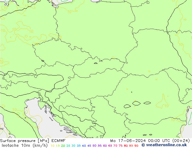 Izotacha (km/godz) ECMWF pon. 17.06.2024 00 UTC