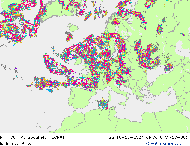 Humedad rel. 700hPa Spaghetti ECMWF dom 16.06.2024 06 UTC