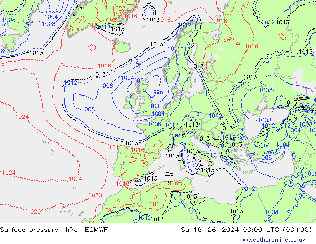 地面气压 ECMWF 星期日 16.06.2024 00 UTC