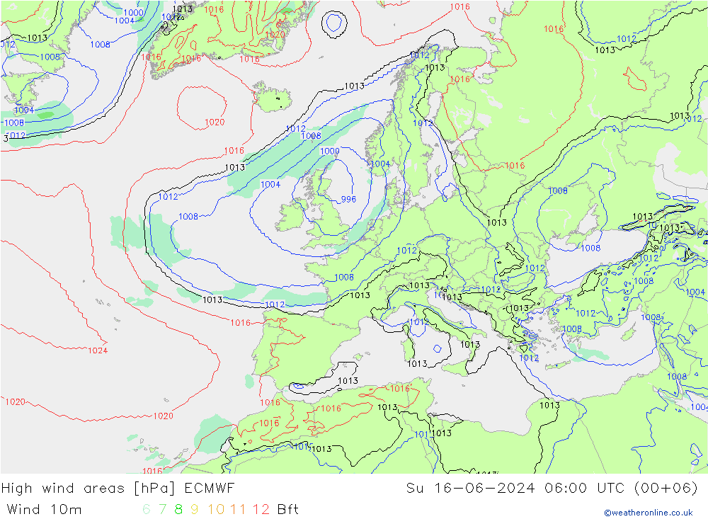 High wind areas ECMWF 星期日 16.06.2024 06 UTC