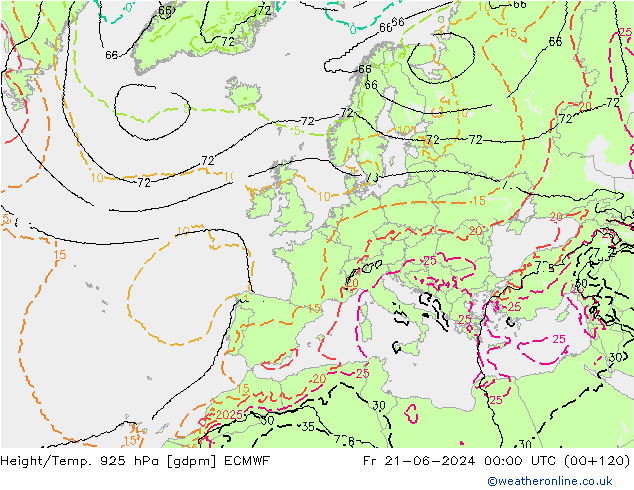 Height/Temp. 925 hPa ECMWF Fr 21.06.2024 00 UTC