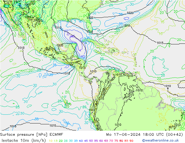Izotacha (km/godz) ECMWF pon. 17.06.2024 18 UTC