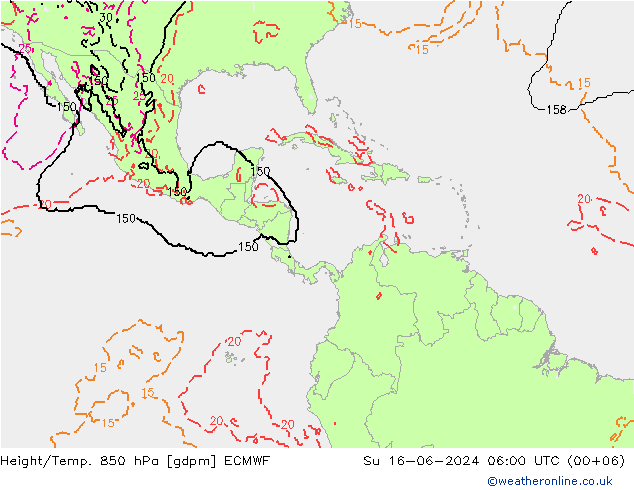 Hoogte/Temp. 850 hPa ECMWF zo 16.06.2024 06 UTC