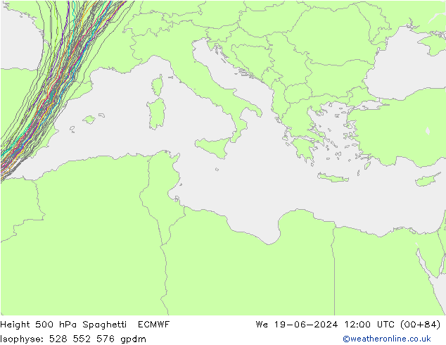 Height 500 hPa Spaghetti ECMWF We 19.06.2024 12 UTC