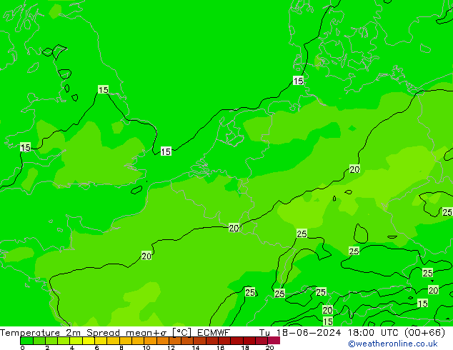 Temperature 2m Spread ECMWF Út 18.06.2024 18 UTC