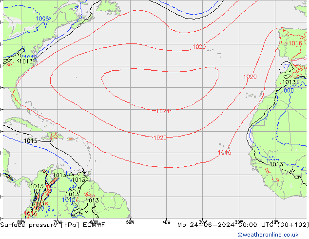 Presión superficial ECMWF lun 24.06.2024 00 UTC