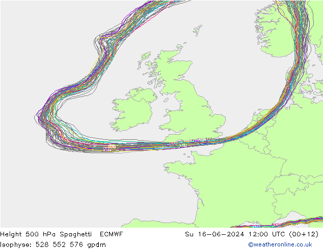 Height 500 hPa Spaghetti ECMWF Dom 16.06.2024 12 UTC