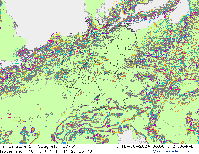 Temperature 2m Spaghetti ECMWF Tu 18.06.2024 06 UTC