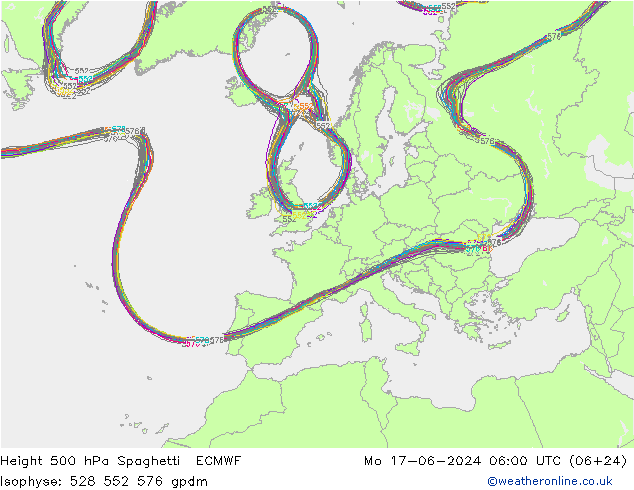 Height 500 hPa Spaghetti ECMWF 星期一 17.06.2024 06 UTC
