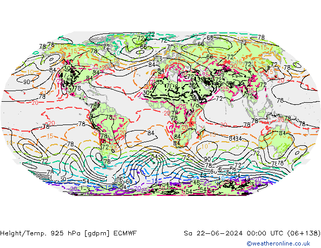 Height/Temp. 925 hPa ECMWF Sa 22.06.2024 00 UTC