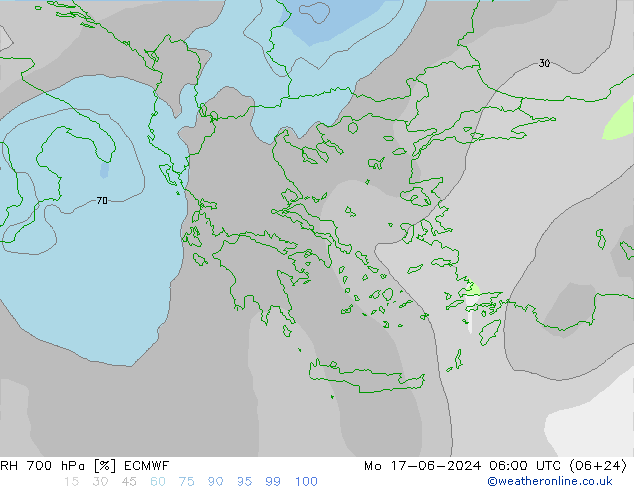 Humidité rel. 700 hPa ECMWF lun 17.06.2024 06 UTC