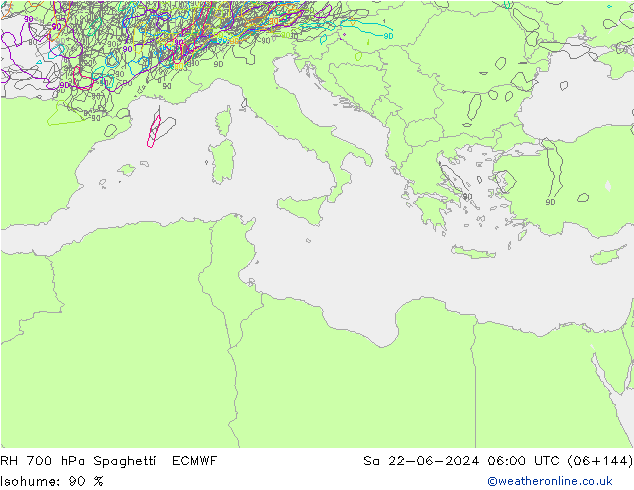 RH 700 hPa Spaghetti ECMWF So 22.06.2024 06 UTC