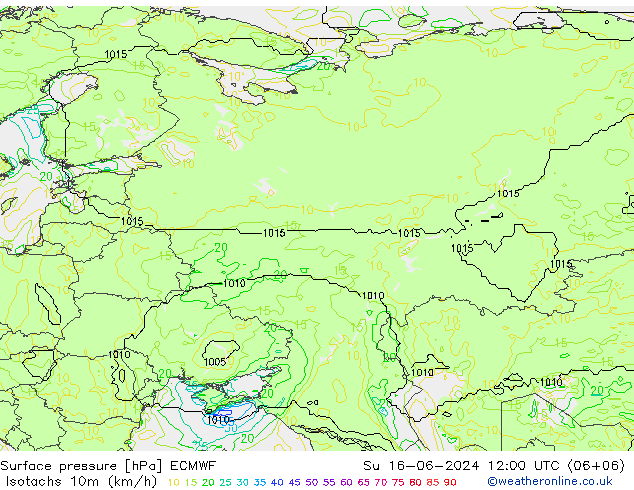 Isotachen (km/h) ECMWF zo 16.06.2024 12 UTC