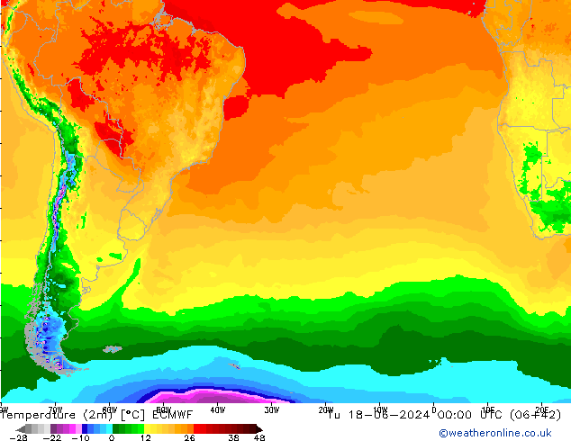 Temperature (2m) ECMWF Tu 18.06.2024 00 UTC