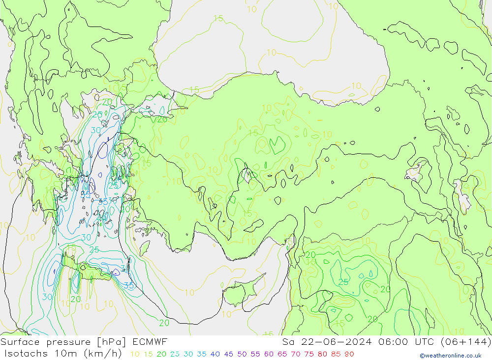 Isotachs (kph) ECMWF Sa 22.06.2024 06 UTC