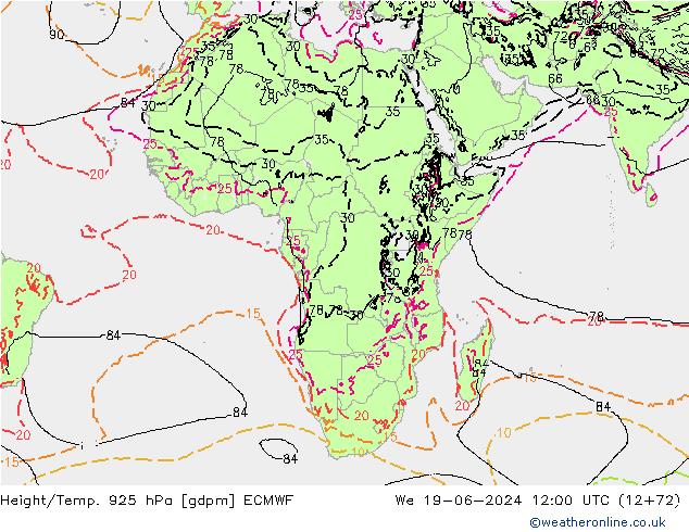 Height/Temp. 925 hPa ECMWF  19.06.2024 12 UTC