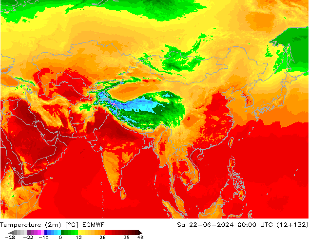 mapa temperatury (2m) ECMWF so. 22.06.2024 00 UTC