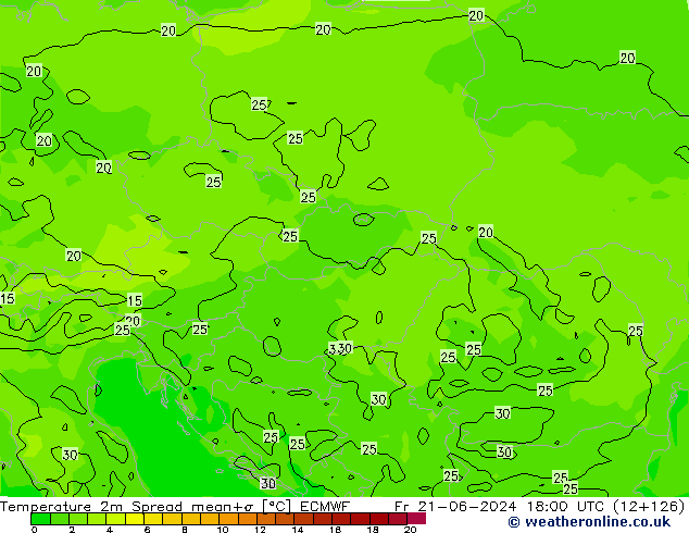 Temperature 2m Spread ECMWF Fr 21.06.2024 18 UTC