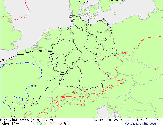 yüksek rüzgarlı alanlar ECMWF Sa 18.06.2024 12 UTC