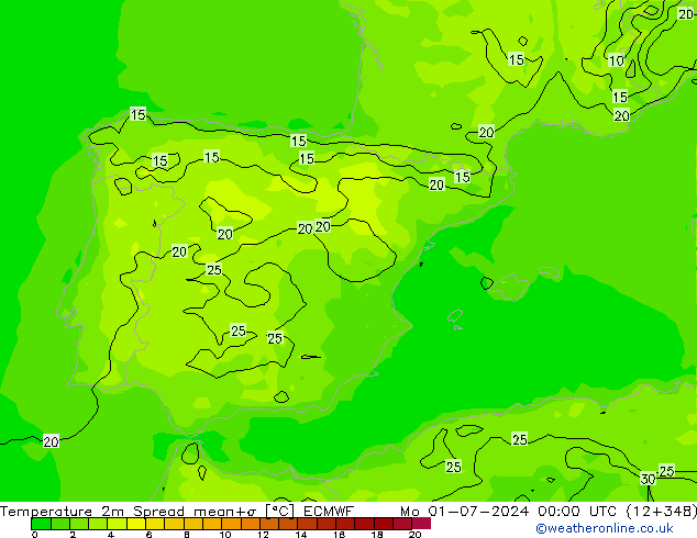 Temperature 2m Spread ECMWF Mo 01.07.2024 00 UTC