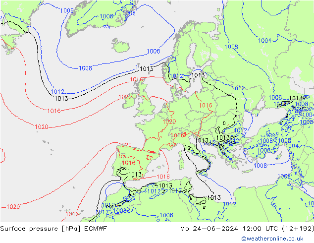 Surface pressure ECMWF Mo 24.06.2024 12 UTC