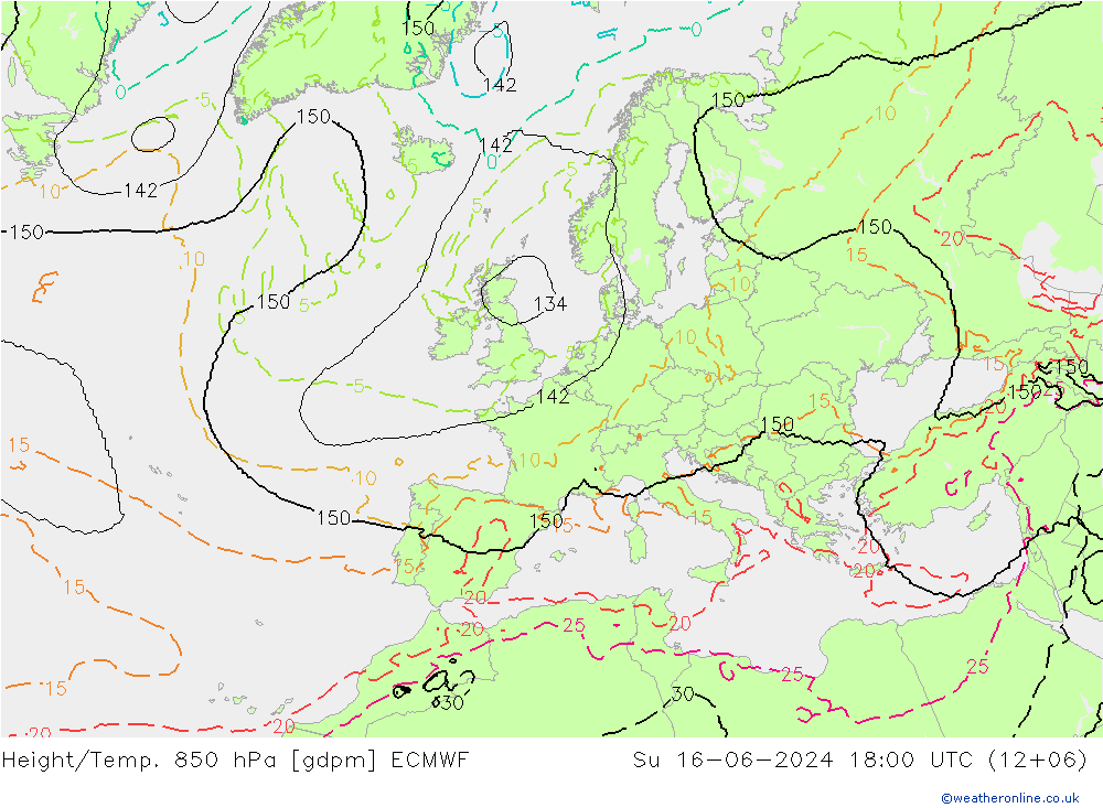 Geop./Temp. 850 hPa ECMWF dom 16.06.2024 18 UTC