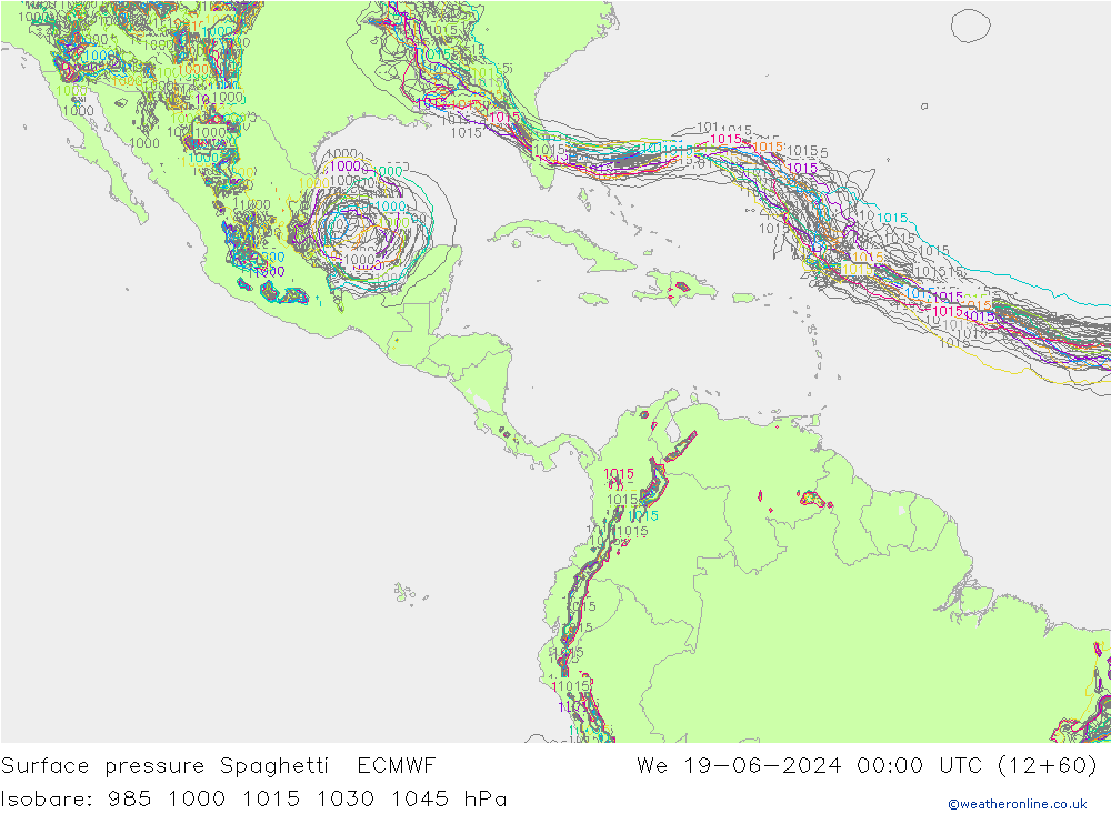 Bodendruck Spaghetti ECMWF Mi 19.06.2024 00 UTC