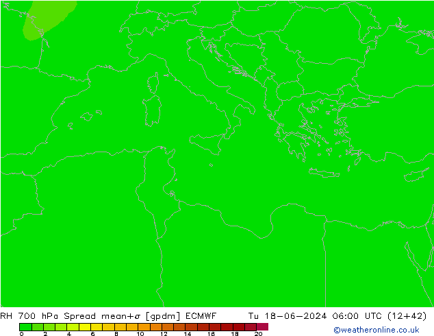 Humidité rel. 700 hPa Spread ECMWF mar 18.06.2024 06 UTC