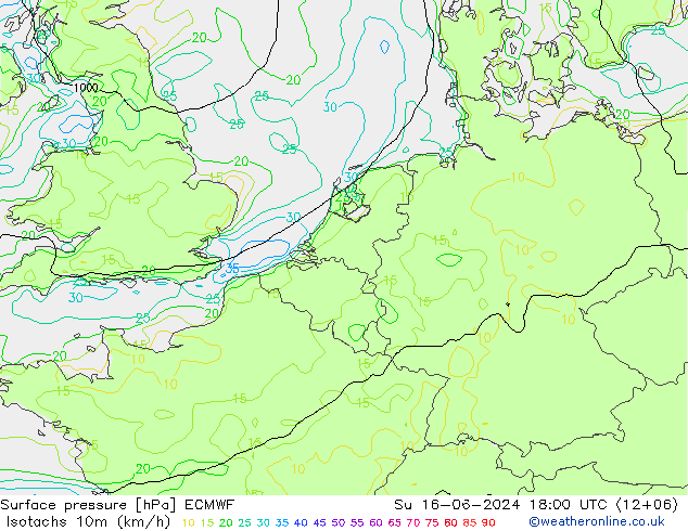 10米等风速线 (kph) ECMWF 星期日 16.06.2024 18 UTC