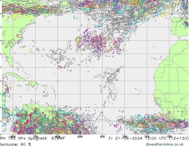 RH 700 hPa Spaghetti ECMWF Pá 21.06.2024 12 UTC