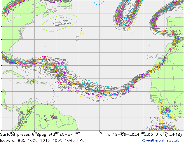Surface pressure Spaghetti ECMWF Tu 18.06.2024 12 UTC