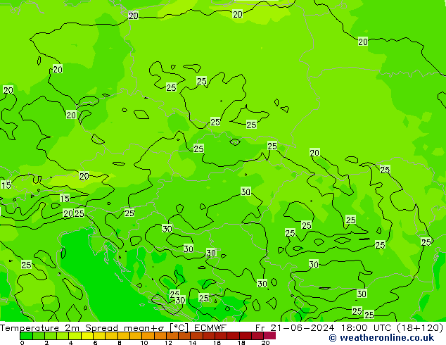 Temperatura 2m Spread ECMWF Sex 21.06.2024 18 UTC