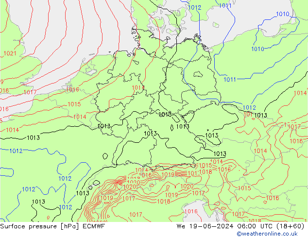 Bodendruck ECMWF Mi 19.06.2024 06 UTC