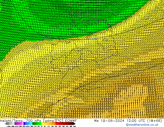 Height/Temp. 700 hPa ECMWF Mi 19.06.2024 12 UTC