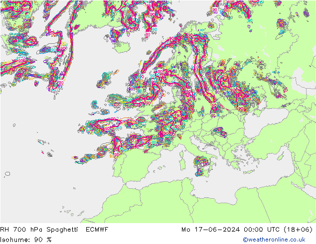 RH 700 hPa Spaghetti ECMWF lun 17.06.2024 00 UTC