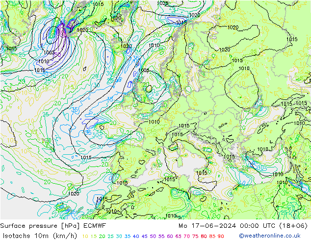 10米等风速线 (kph) ECMWF 星期一 17.06.2024 00 UTC