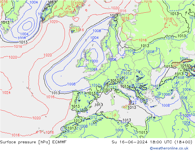 Presión superficial ECMWF dom 16.06.2024 18 UTC